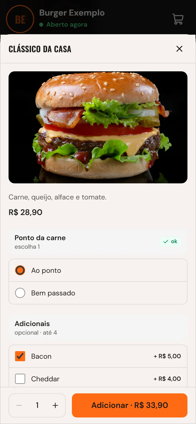 Escolha de adicionais de um produto no cardápio