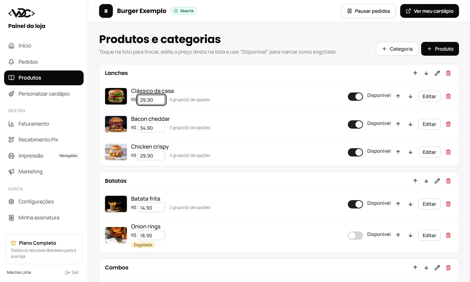 Painel de produtos com preços editáveis e opção de esgotado